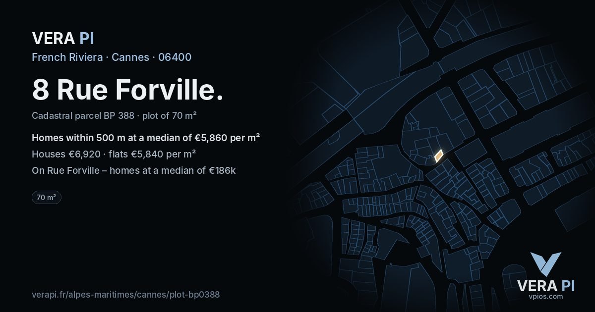 8 Rue Forville, Cannes at night – the plot lit, the parcels around coloured by the prices near them