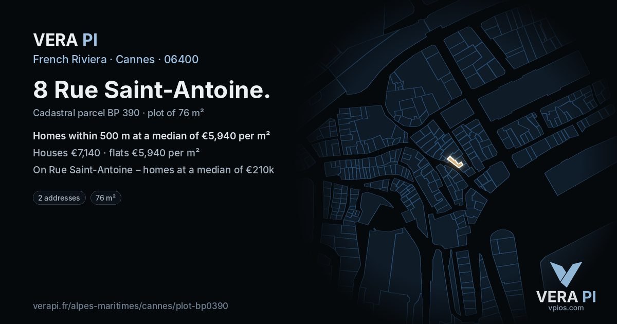 8 Rue Saint-Antoine, Cannes at night – the plot lit, the parcels around coloured by the prices near them