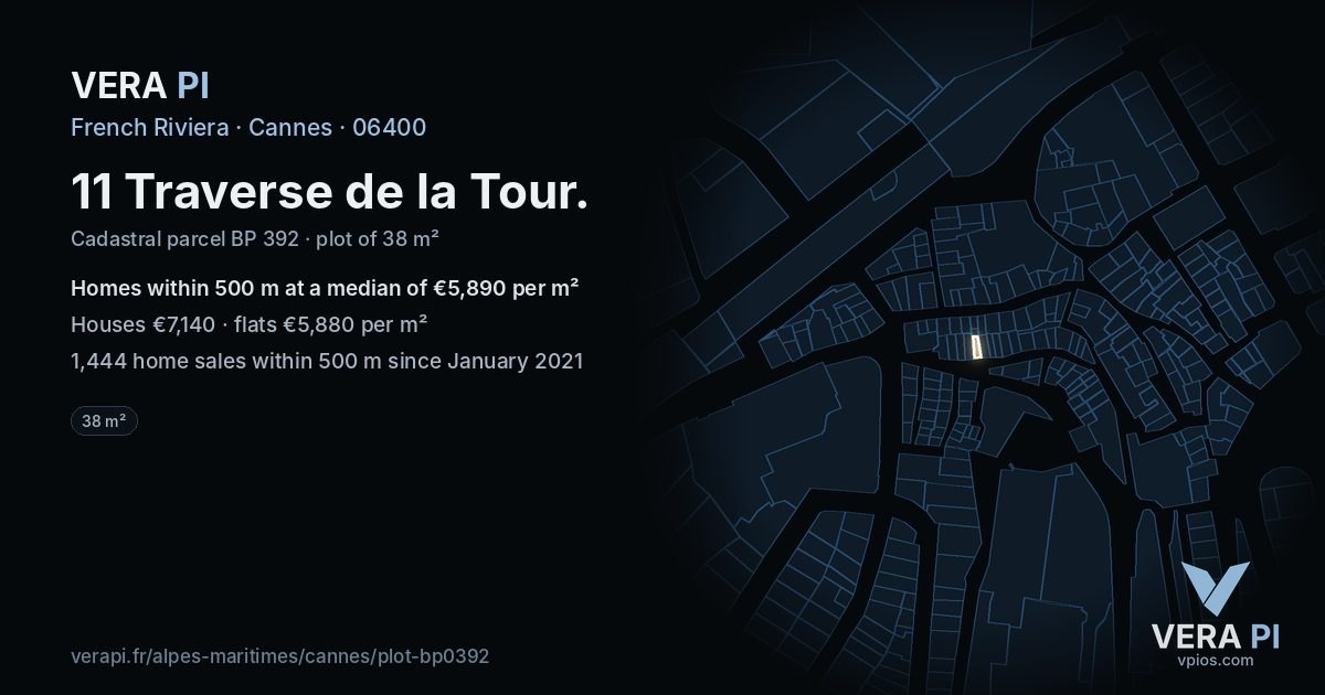 11 Traverse de la Tour, Cannes at night – the plot lit, the parcels around coloured by the prices near them