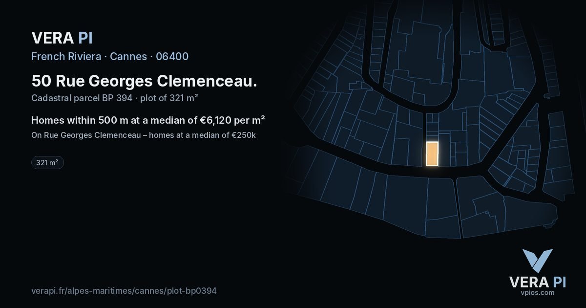 50 Rue Georges Clemenceau, Cannes at night – the plot lit, the parcels around coloured by the prices near them