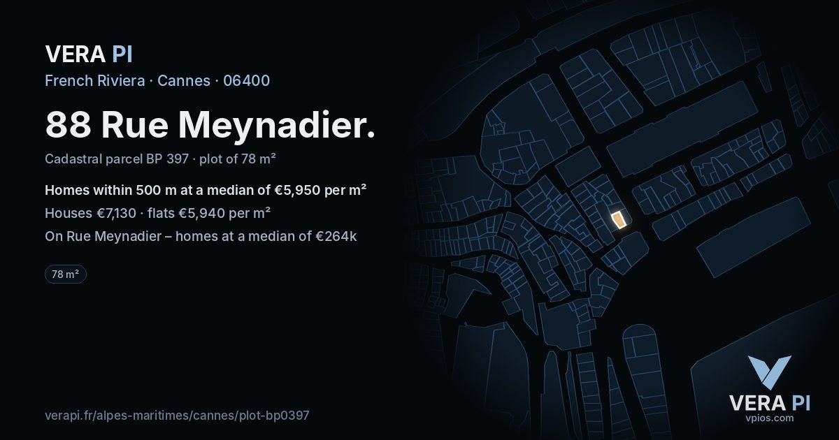 88 Rue Meynadier, Cannes at night – the plot lit, the parcels around coloured by the prices near them