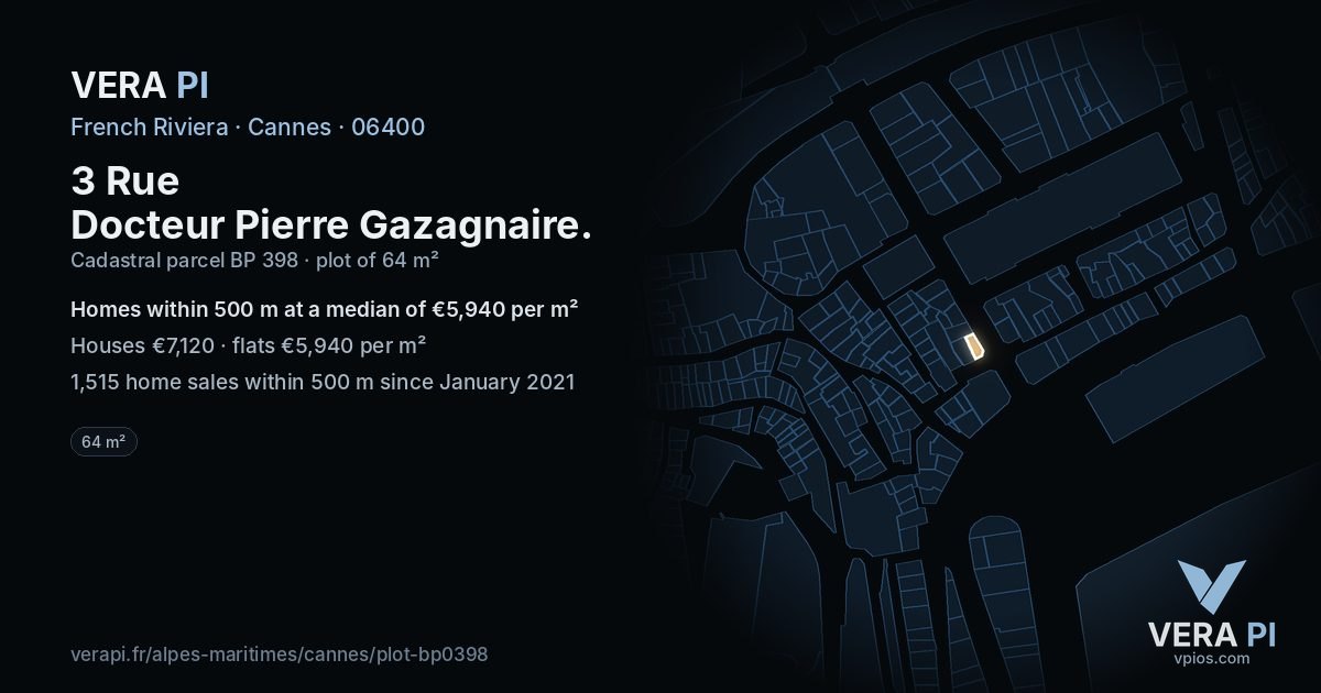 3 Rue Docteur Pierre Gazagnaire, Cannes at night – the plot lit, the parcels around coloured by the prices near them