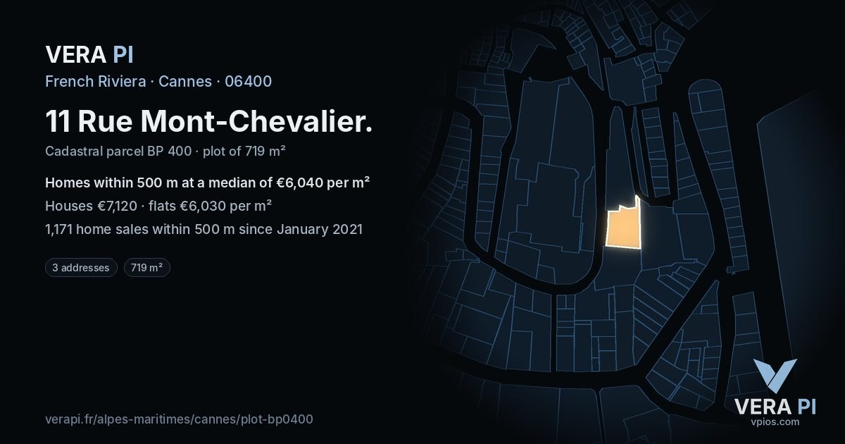 11 Rue Mont-Chevalier, Cannes at night – the plot lit, the parcels around coloured by the prices near them
