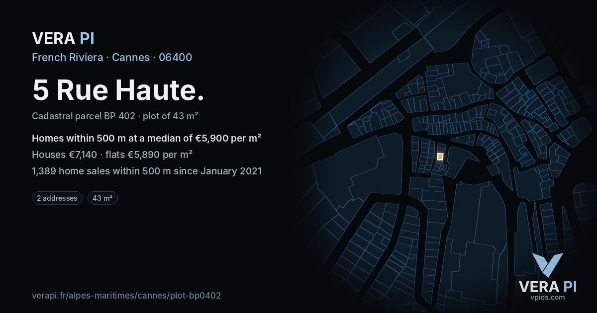 5 Rue Haute, Cannes at night – the plot lit, the parcels around coloured by the prices near them