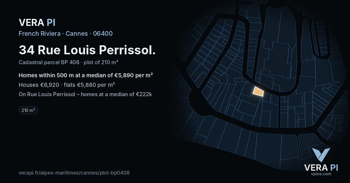34 Rue Louis Perrissol, Cannes at night – the plot lit, the parcels around coloured by the prices near them
