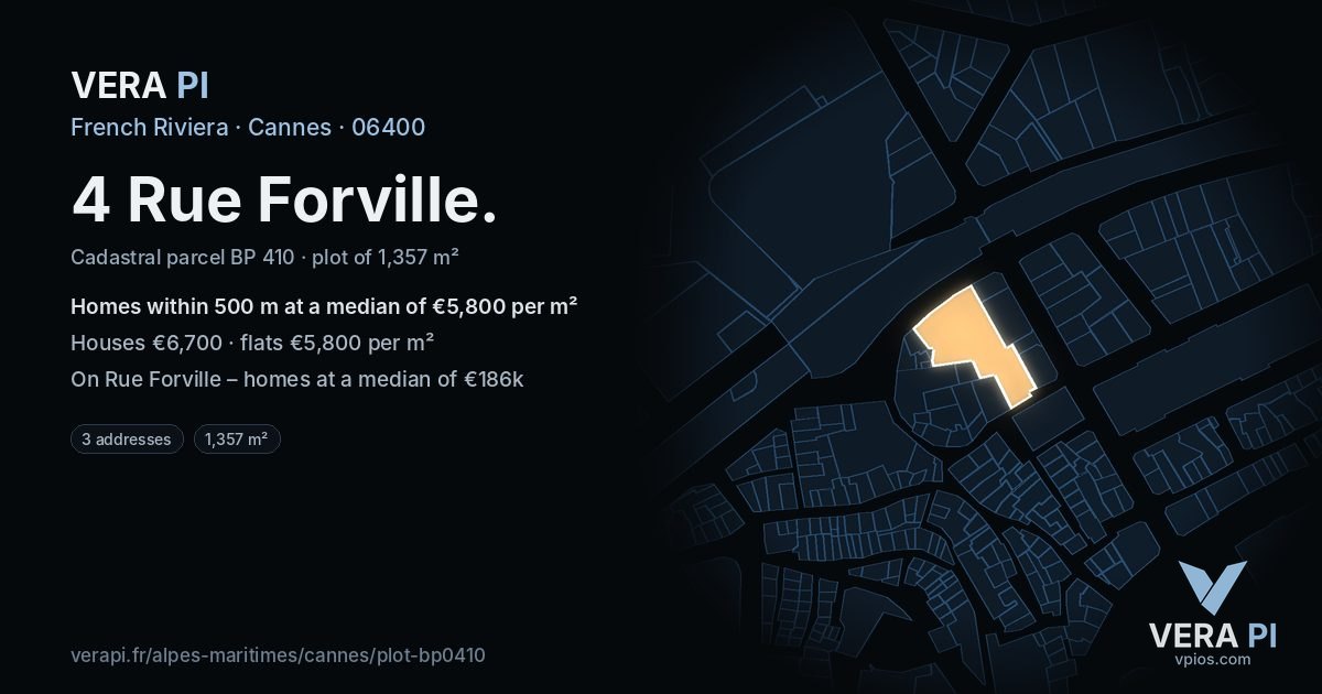 4 Rue Forville, Cannes at night – the plot lit, the parcels around coloured by the prices near them
