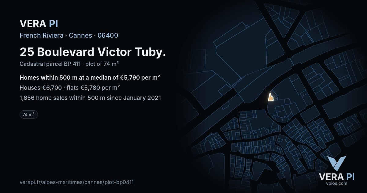 25 Boulevard Victor Tuby, Cannes at night – the plot lit, the parcels around coloured by the prices near them