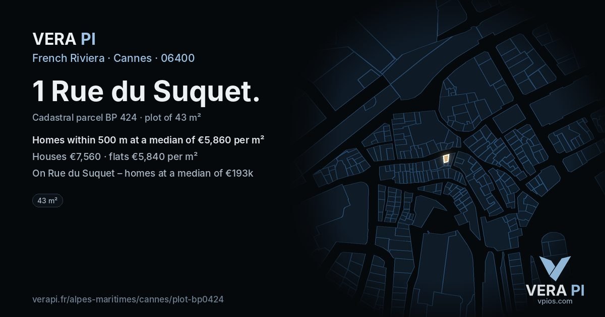 1 Rue du Suquet, Cannes at night – the plot lit, the parcels around coloured by the prices near them