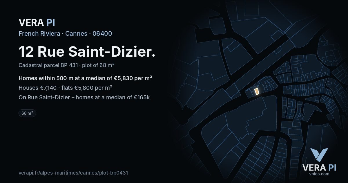 12 Rue Saint-Dizier, Cannes at night – the plot lit, the parcels around coloured by the prices near them