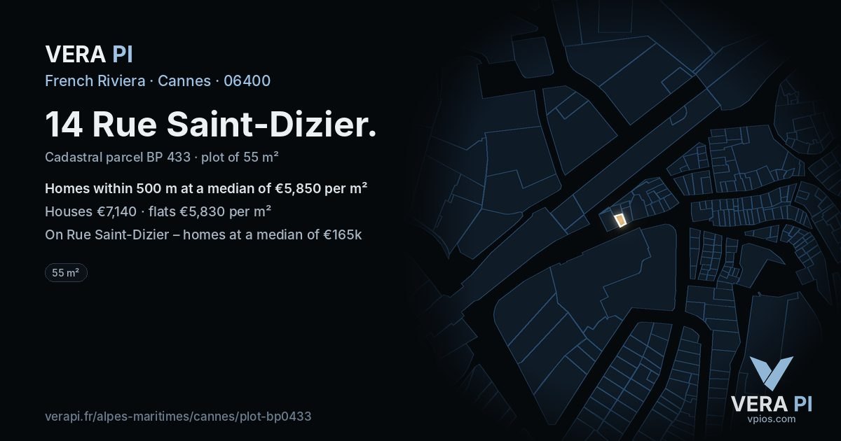 14 Rue Saint-Dizier, Cannes at night – the plot lit, the parcels around coloured by the prices near them