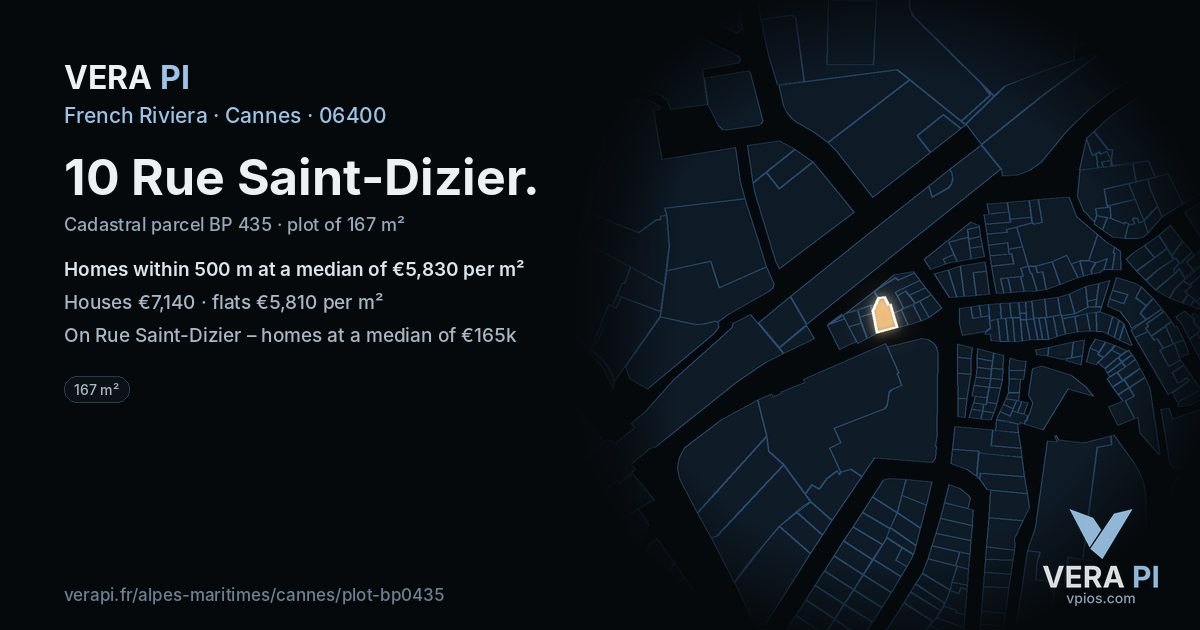 10 Rue Saint-Dizier, Cannes at night – the plot lit, the parcels around coloured by the prices near them