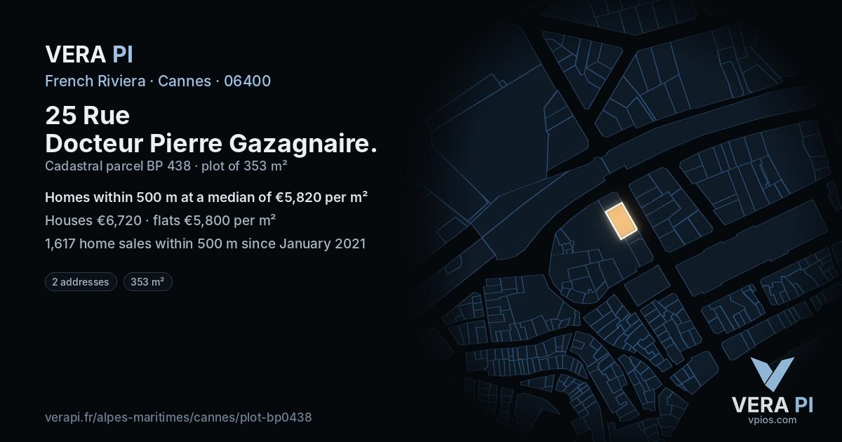25 Rue Docteur Pierre Gazagnaire, Cannes at night – the plot lit, the parcels around coloured by the prices near them