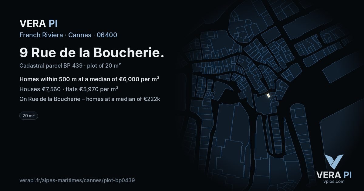 9 Rue de la Boucherie, Cannes at night – the plot lit, the parcels around coloured by the prices near them