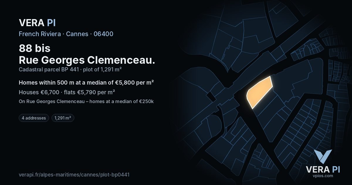 88 bis Rue Georges Clemenceau, Cannes at night – the plot lit, the parcels around coloured by the prices near them
