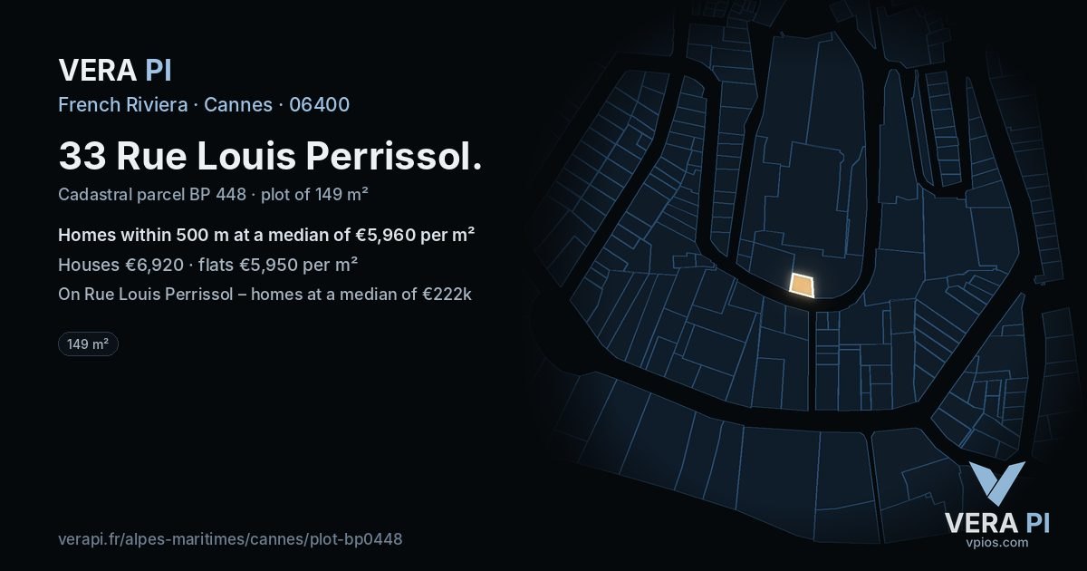 33 Rue Louis Perrissol, Cannes at night – the plot lit, the parcels around coloured by the prices near them