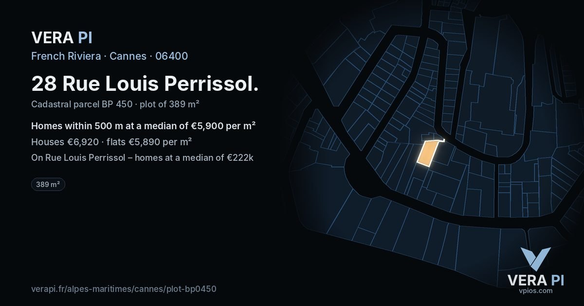 28 Rue Louis Perrissol, Cannes at night – the plot lit, the parcels around coloured by the prices near them