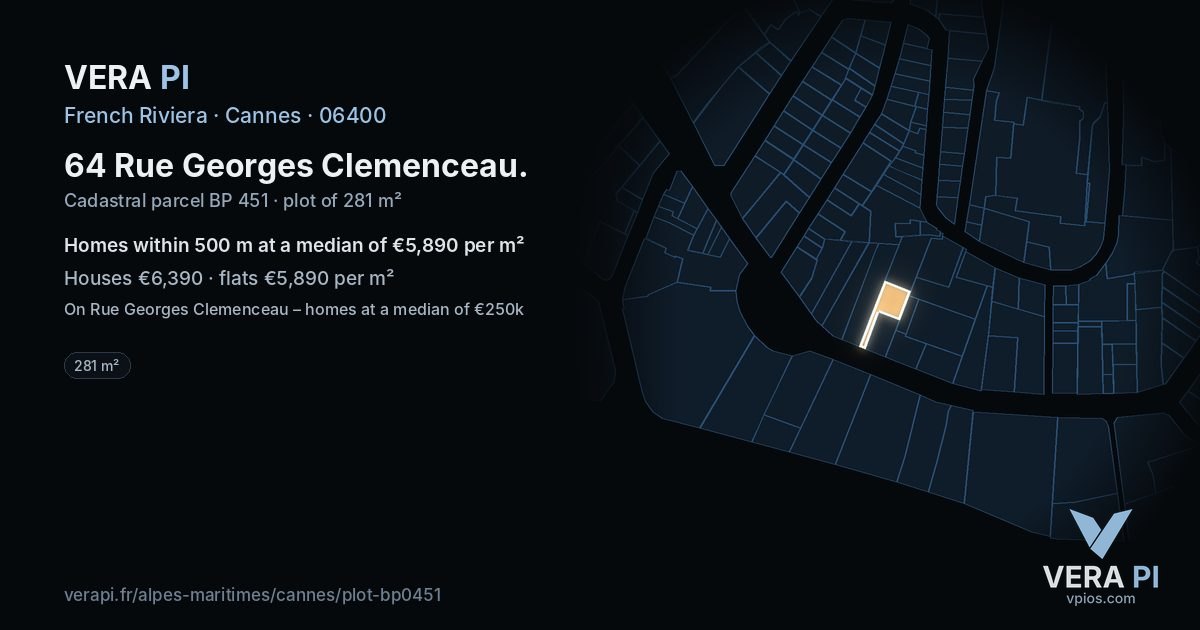 64 Rue Georges Clemenceau, Cannes at night – the plot lit, the parcels around coloured by the prices near them
