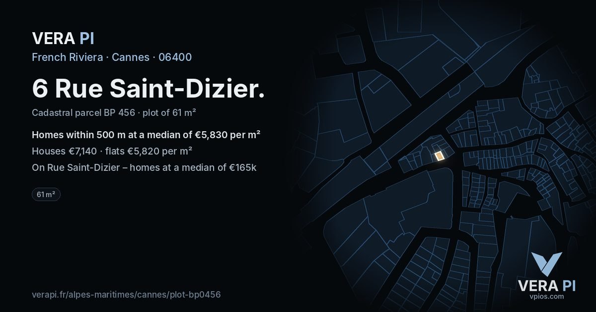 6 Rue Saint-Dizier, Cannes at night – the plot lit, the parcels around coloured by the prices near them