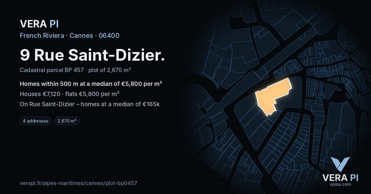 9 Rue Saint-Dizier, Cannes at night – the plot lit, the parcels around coloured by the prices near them