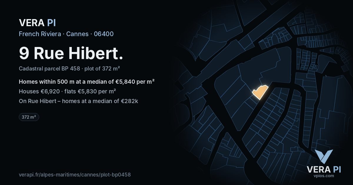 9 Rue Hibert, Cannes at night – the plot lit, the parcels around coloured by the prices near them