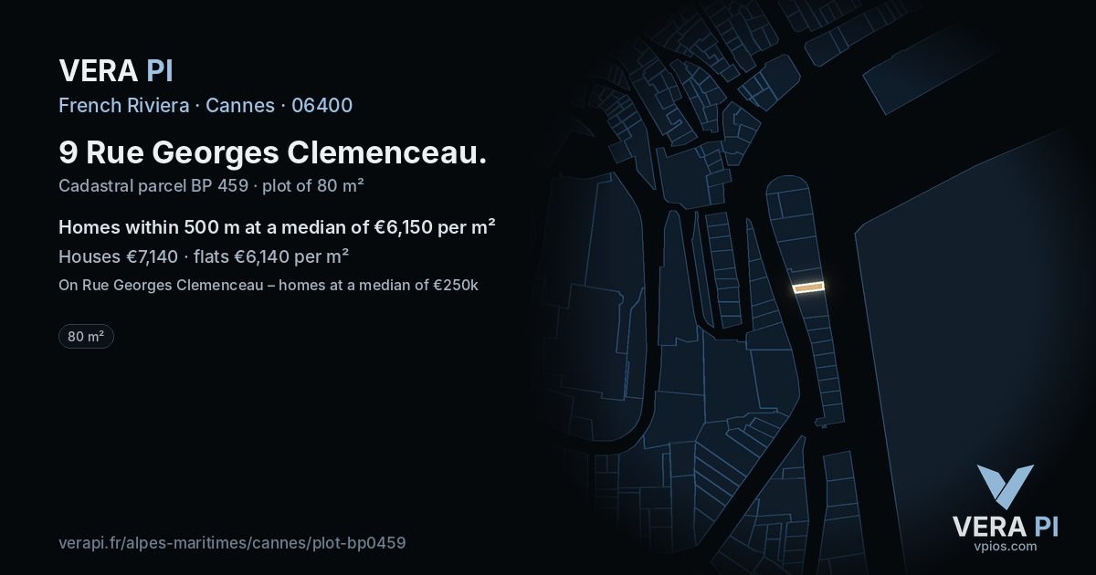 9 Rue Georges Clemenceau, Cannes at night – the plot lit, the parcels around coloured by the prices near them