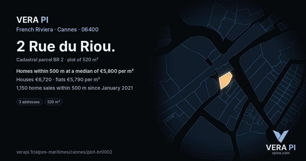 2 Rue du Riou, Cannes at night – the plot lit, the parcels around coloured by the prices near them