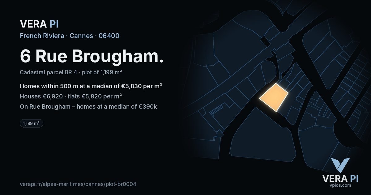 6 Rue Brougham, Cannes at night – the plot lit, the parcels around coloured by the prices near them