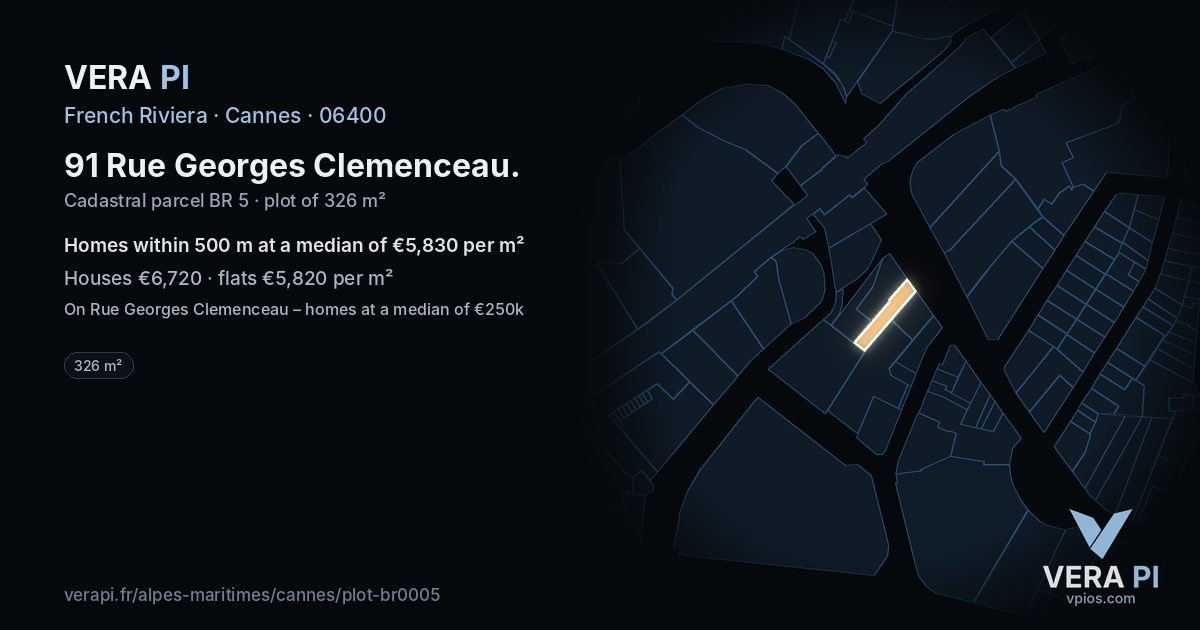 91 Rue Georges Clemenceau, Cannes at night – the plot lit, the parcels around coloured by the prices near them