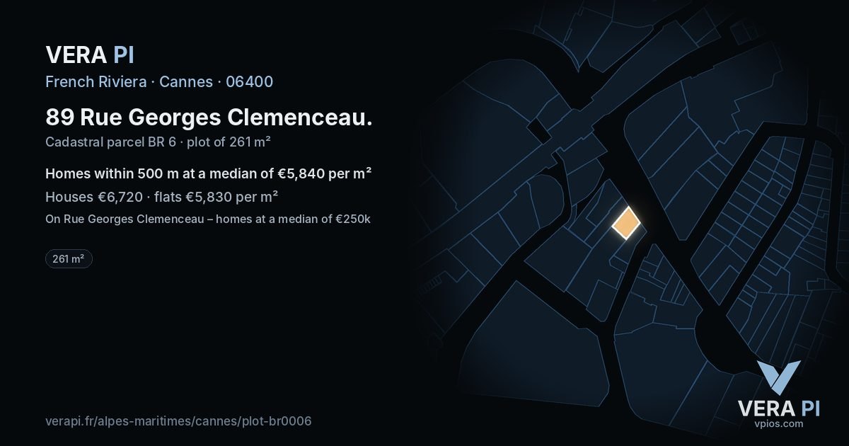 89 Rue Georges Clemenceau, Cannes at night – the plot lit, the parcels around coloured by the prices near them