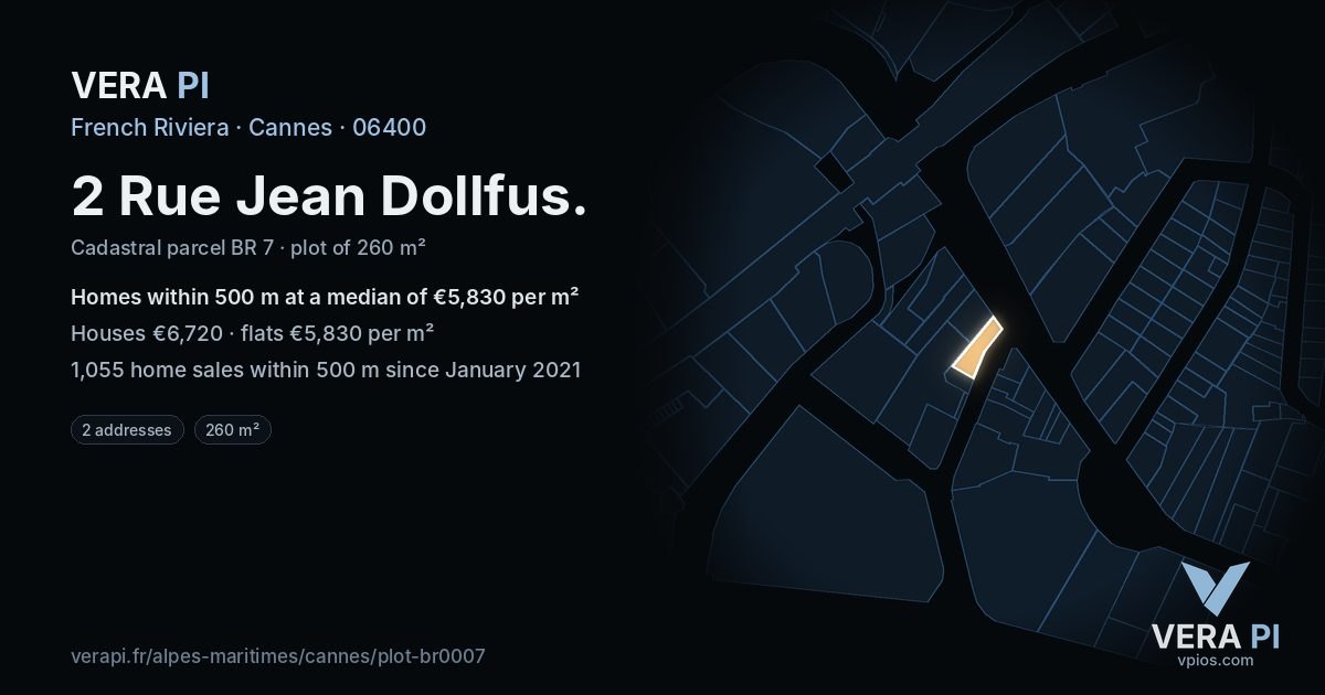 2 Rue Jean Dollfus, Cannes at night – the plot lit, the parcels around coloured by the prices near them