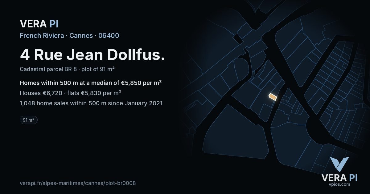 4 Rue Jean Dollfus, Cannes at night – the plot lit, the parcels around coloured by the prices near them