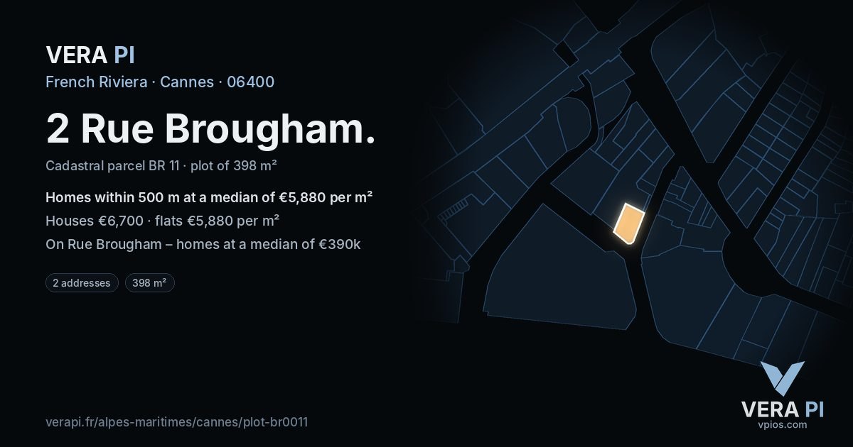 2 Rue Brougham, Cannes at night – the plot lit, the parcels around coloured by the prices near them