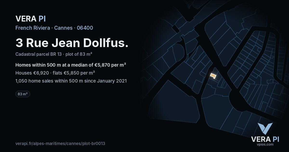 3 Rue Jean Dollfus, Cannes at night – the plot lit, the parcels around coloured by the prices near them