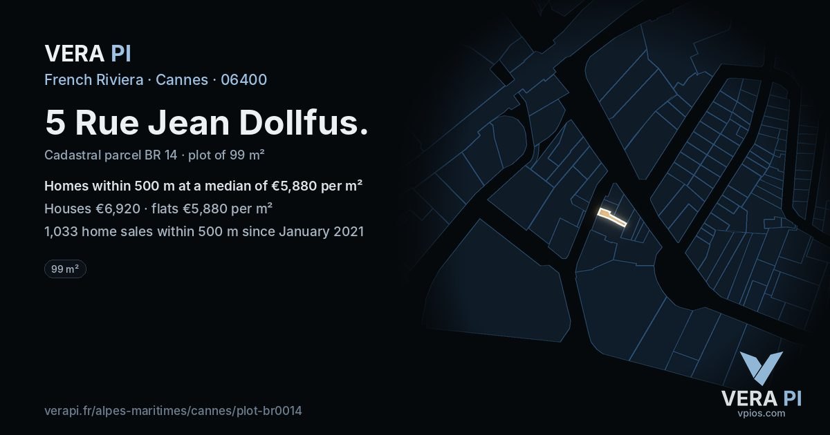 5 Rue Jean Dollfus, Cannes at night – the plot lit, the parcels around coloured by the prices near them