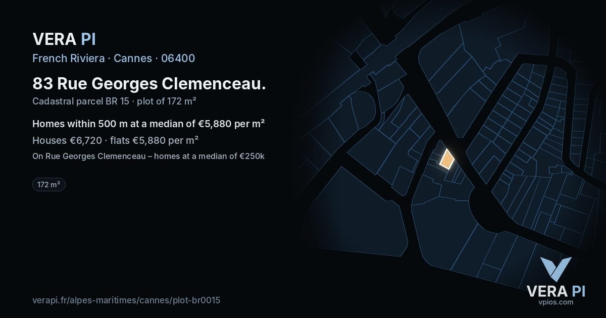 83 Rue Georges Clemenceau, Cannes at night – the plot lit, the parcels around coloured by the prices near them