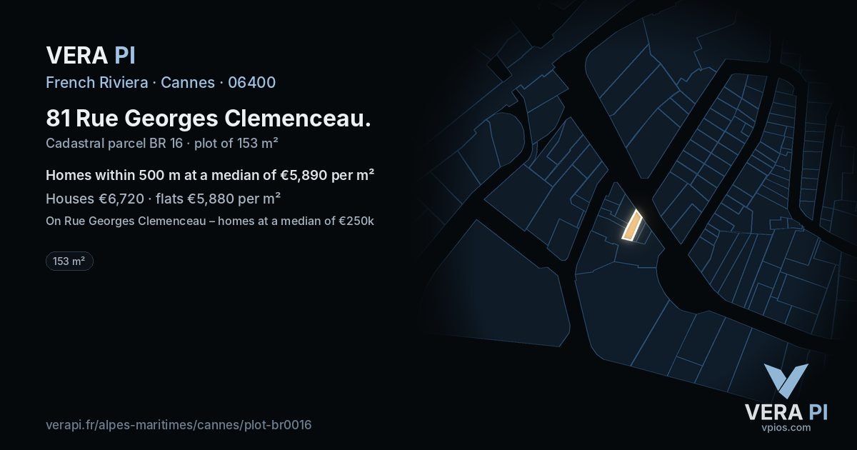 81 Rue Georges Clemenceau, Cannes at night – the plot lit, the parcels around coloured by the prices near them