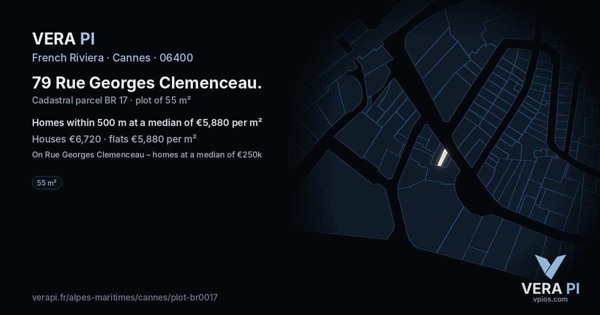 79 Rue Georges Clemenceau, Cannes at night – the plot lit, the parcels around coloured by the prices near them