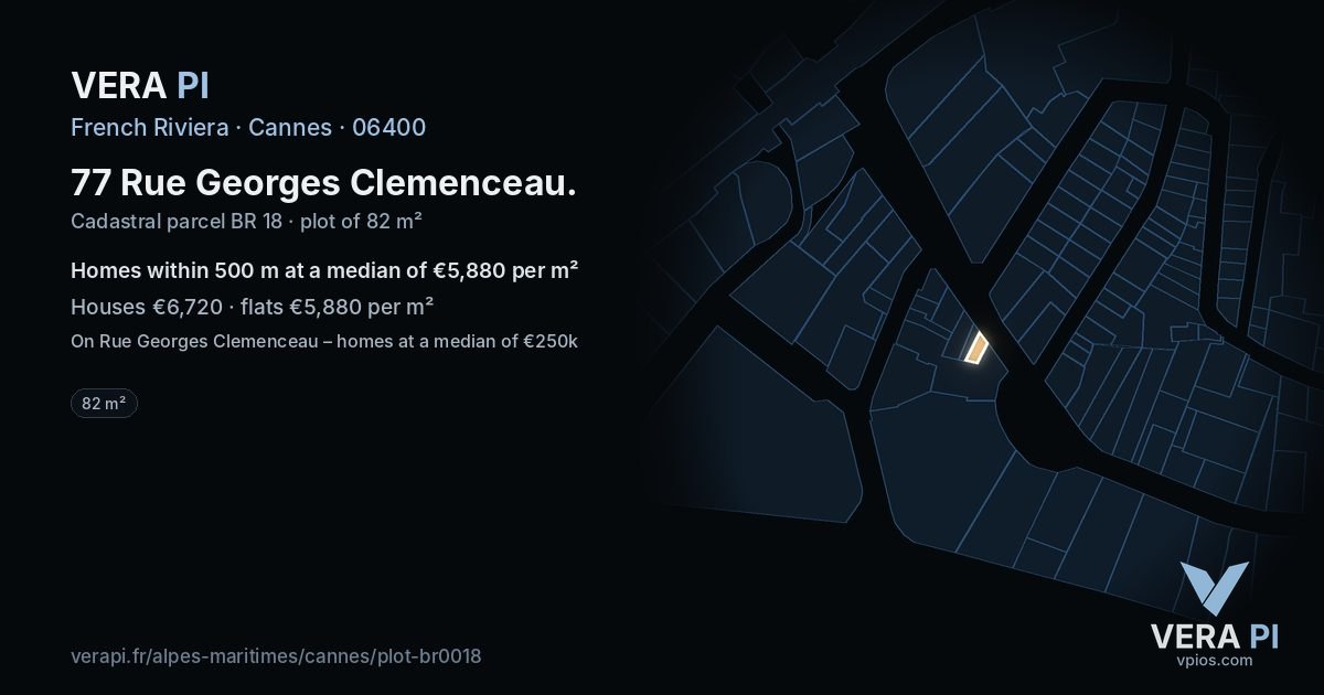 77 Rue Georges Clemenceau, Cannes at night – the plot lit, the parcels around coloured by the prices near them