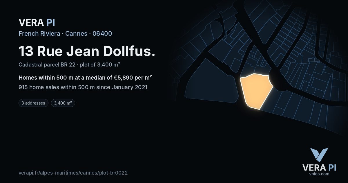 13 Rue Jean Dollfus, Cannes at night – the plot lit, the parcels around coloured by the prices near them