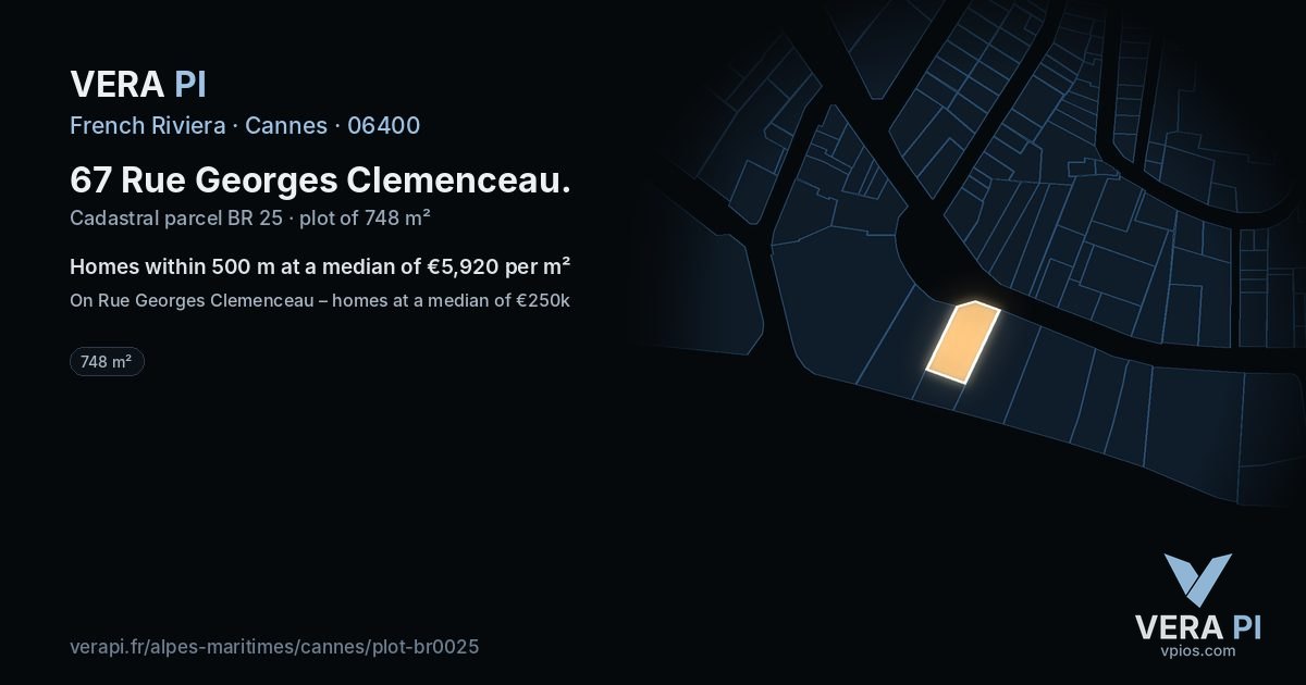67 Rue Georges Clemenceau, Cannes at night – the plot lit, the parcels around coloured by the prices near them