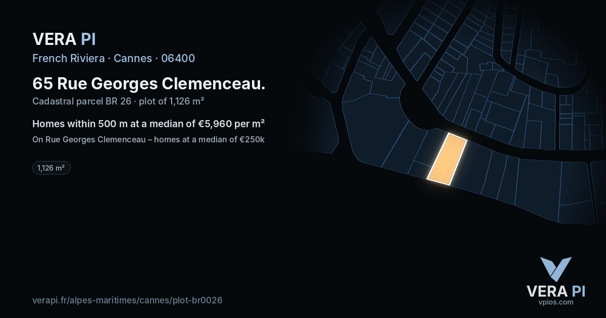 65 Rue Georges Clemenceau, Cannes at night – the plot lit, the parcels around coloured by the prices near them