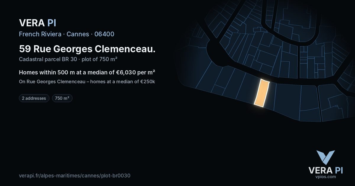 59 Rue Georges Clemenceau, Cannes at night – the plot lit, the parcels around coloured by the prices near them