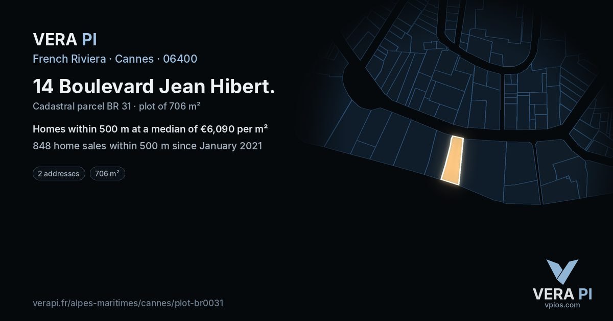 14 Boulevard Jean Hibert, Cannes at night – the plot lit, the parcels around coloured by the prices near them