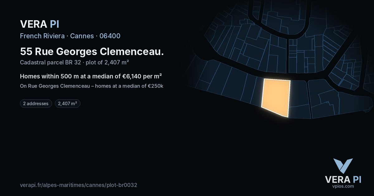 55 Rue Georges Clemenceau, Cannes at night – the plot lit, the parcels around coloured by the prices near them