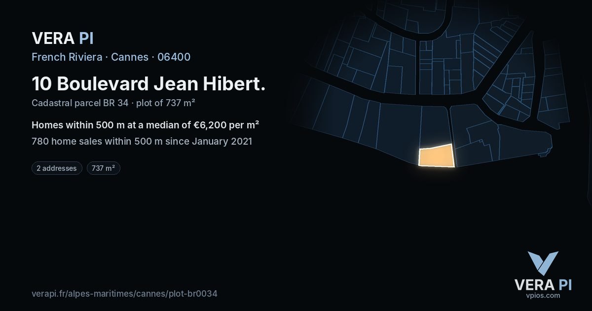 10 Boulevard Jean Hibert, Cannes at night – the plot lit, the parcels around coloured by the prices near them