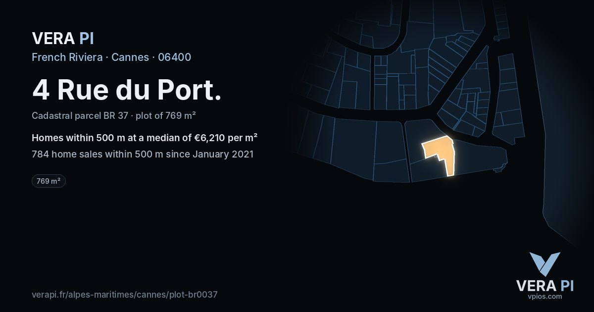 4 Rue du Port, Cannes at night – the plot lit, the parcels around coloured by the prices near them