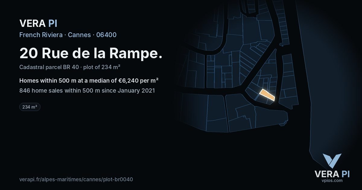 20 Rue de la Rampe, Cannes at night – the plot lit, the parcels around coloured by the prices near them