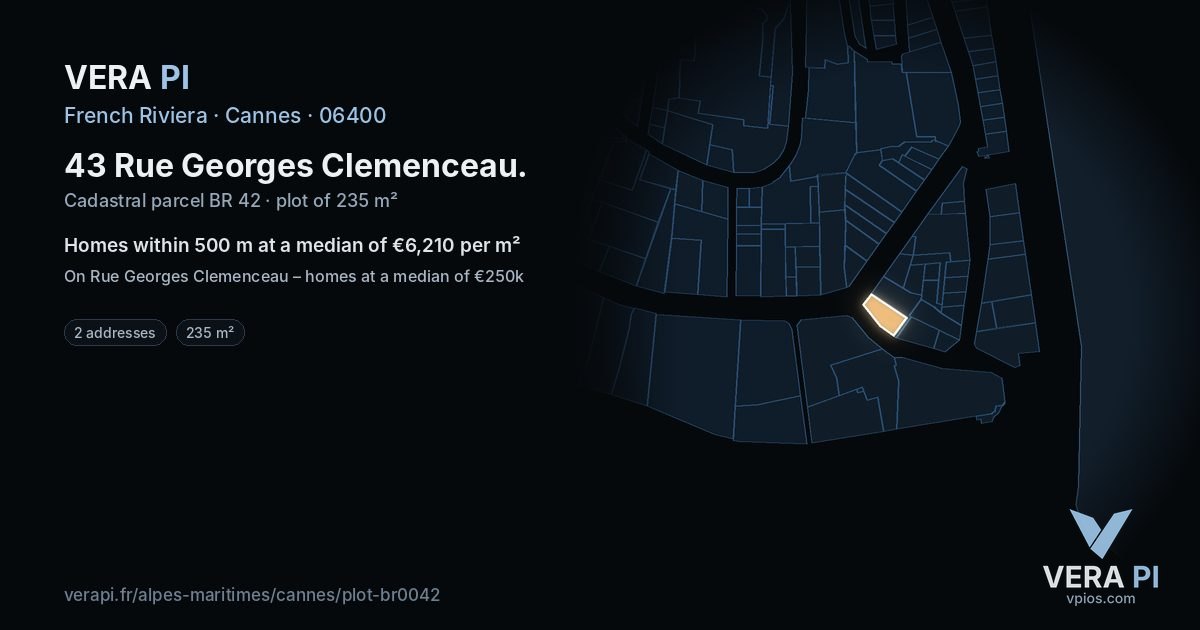 43 Rue Georges Clemenceau, Cannes at night – the plot lit, the parcels around coloured by the prices near them