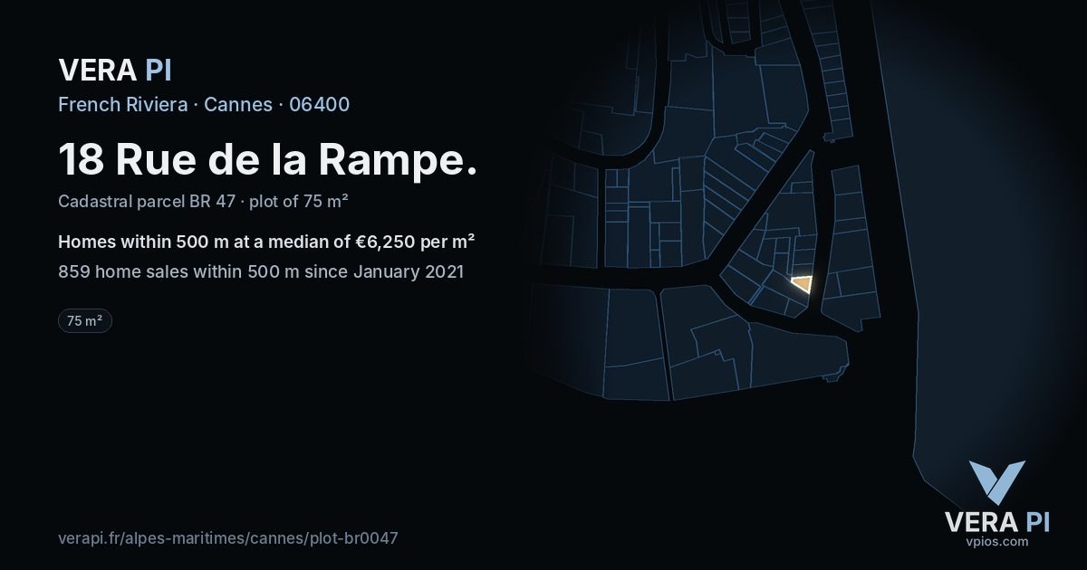 18 Rue de la Rampe, Cannes at night – the plot lit, the parcels around coloured by the prices near them