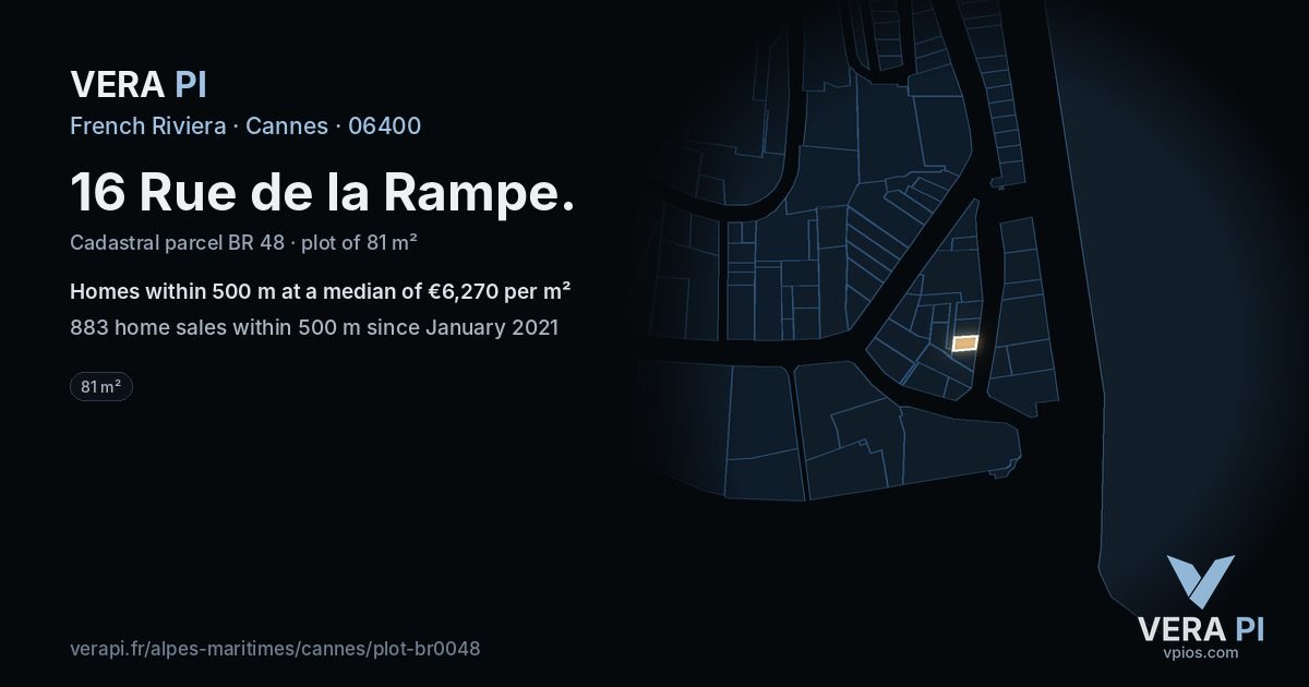 16 Rue de la Rampe, Cannes at night – the plot lit, the parcels around coloured by the prices near them